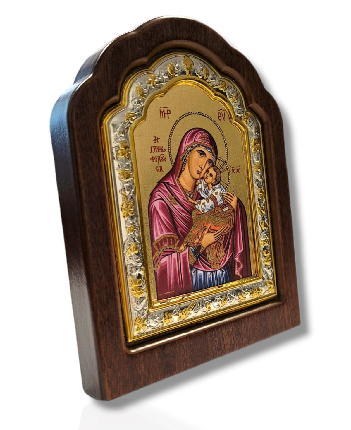 Icoană lemn ovală cu fond aurit - Maica Domnului (V)