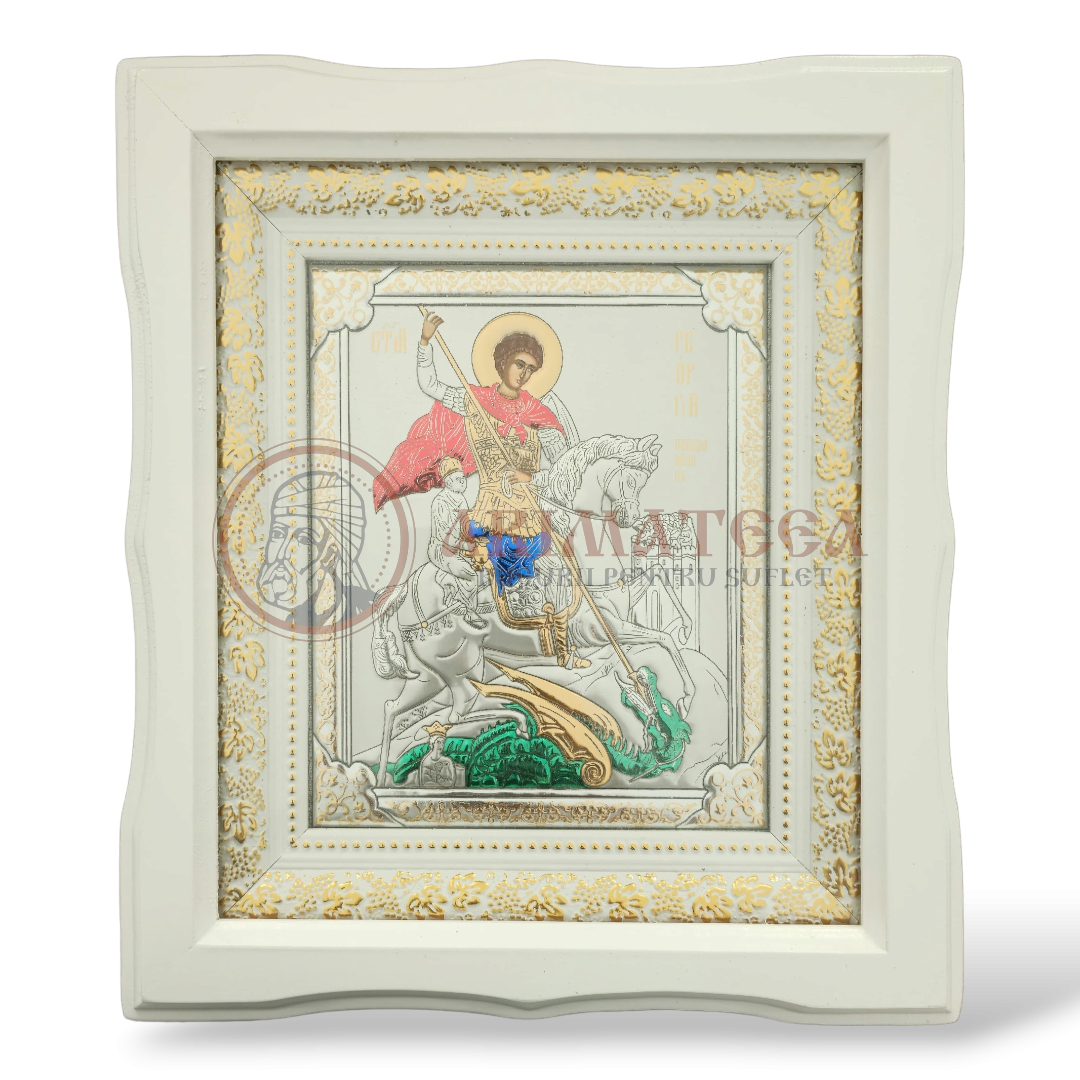 Icoană Ramă Ondulată Lemn (alb) - Sf. M. Mc. Gheorghe