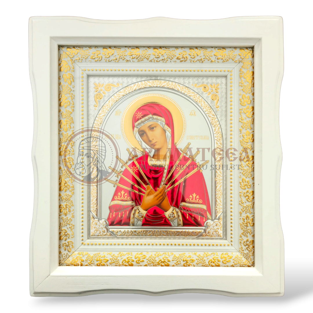 Icoană Ramă Ondulată Lemn (alb) - Maica Domnului 7 Săgeți