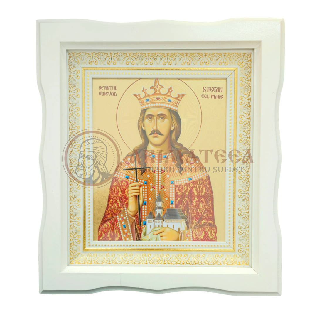 Icoană Ramă Ondulată Lemn (alb) -Sf. Voievod Ștefan cel Mare