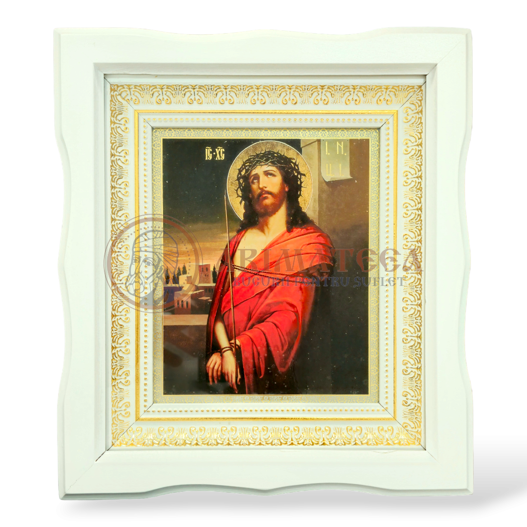 Icoană Ramă Ondulată Lemn (alb) - Iisus Hristos I