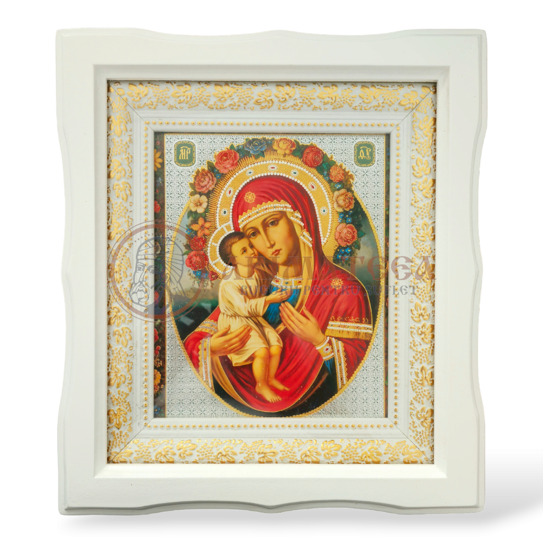 Icoană Ramă Ondulată Lemn (alb) - Maica Domnului IV