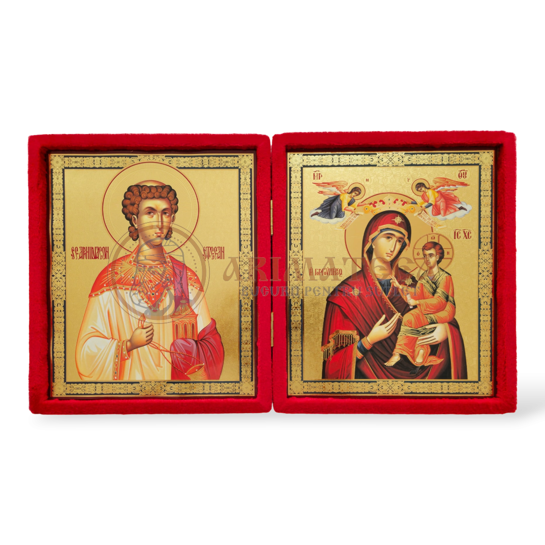 Icoană Diptic Catifea Roșie (955) - Maica Domnului și Sf. Arhid. Ștefan
