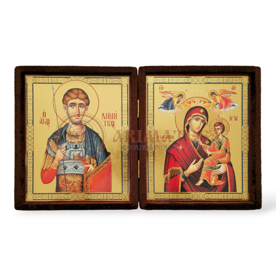 Icoană Diptic Catifea Maro (955) - Maica Domnului și Sf. M. Mc. Dimitrie