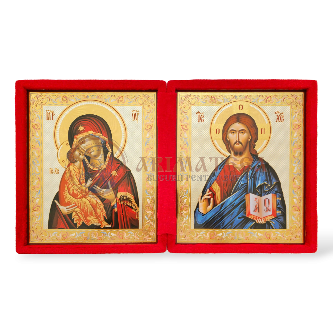 Icoană Diptic Catifea Roșie (955) - Maica Domnului și Mântuitorul Iisus Hristos