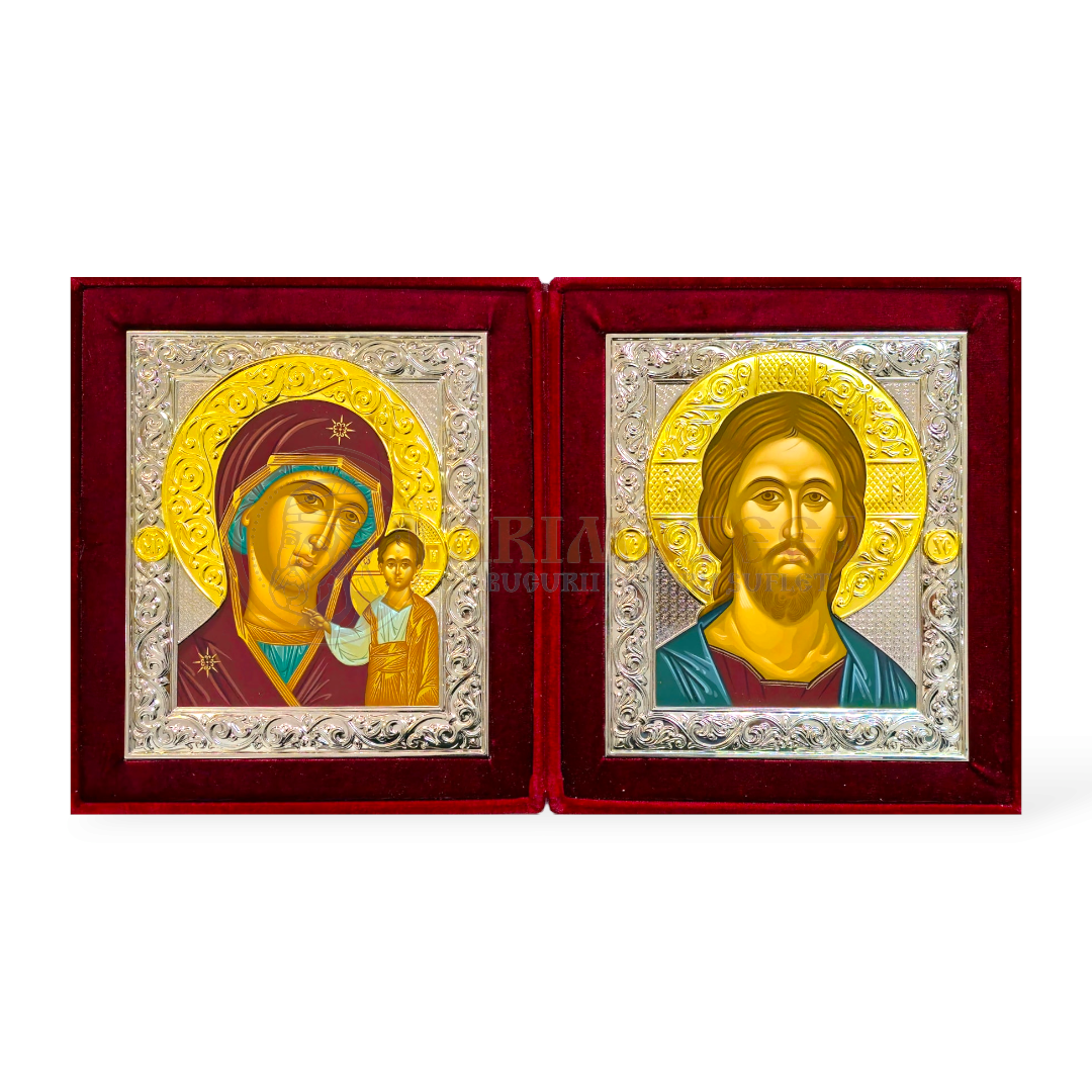 Icoană Diptic Argintat pe catifea Roșie - Maica Domnului și Mântuitorul Iisus Hristos