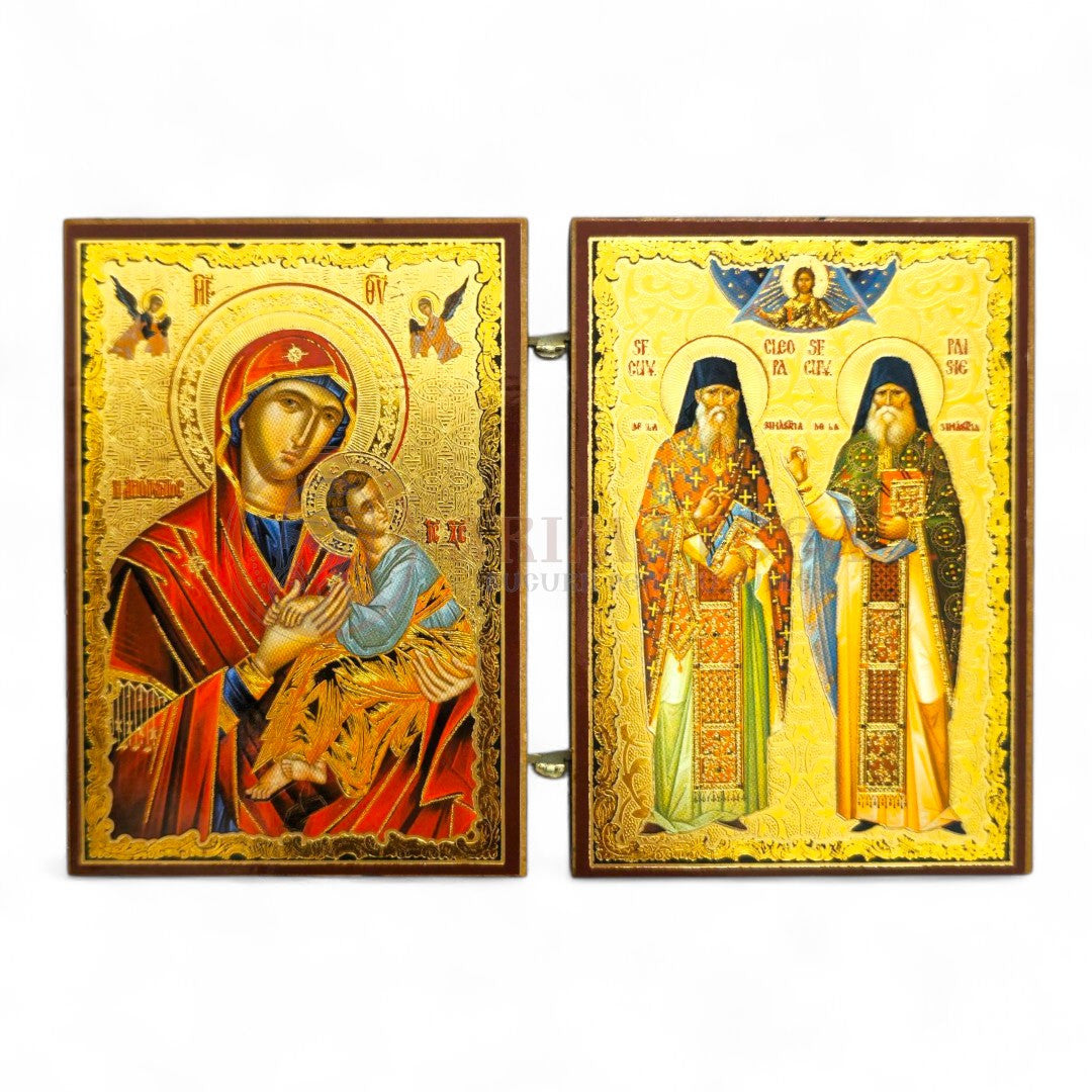 Diptic MDF 6x9 cm - Sf. Cuv. Cleopa și Paisie, Maica Domnului III