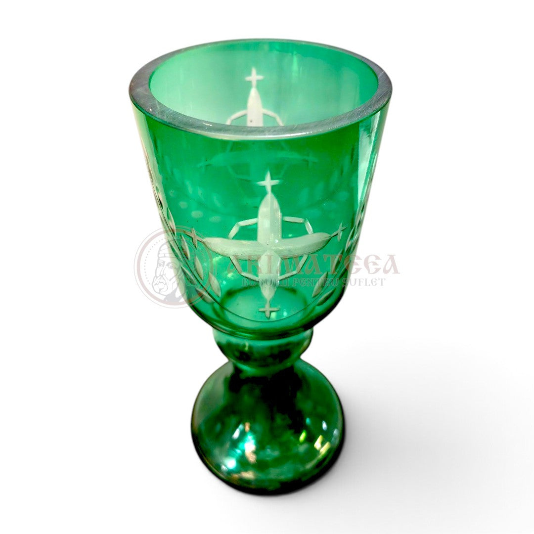 Pahar de Candelă din Sticlă - Verde (gravat manual cu model floral și Crucea Bucovinei)