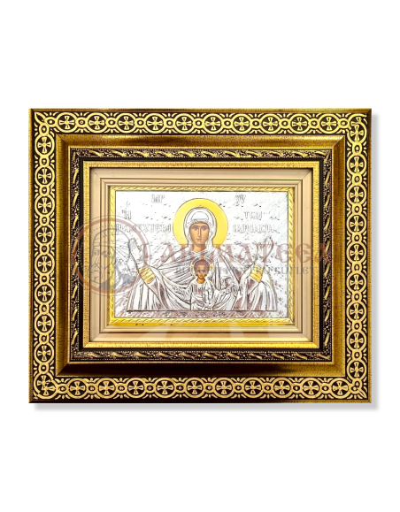 Icoană Argintată în Ramă Aurie - Maica Domnului Împărăteasa Cerurilor (9456)