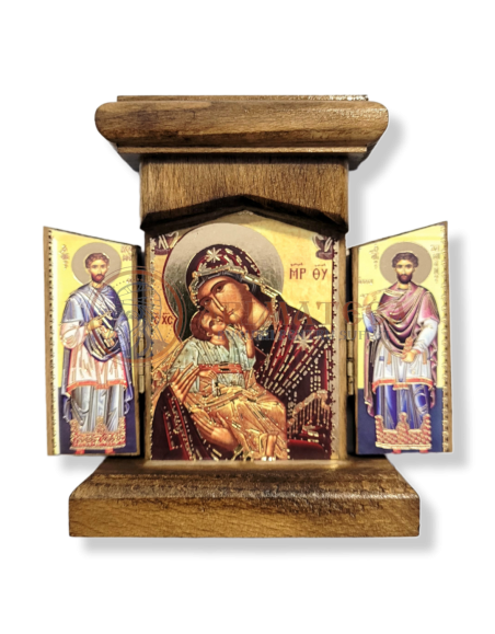Triptic din Lemn N68 - Maica Domnului, Sf. Mc. Cosma și Damian