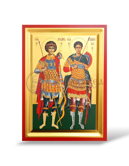 Icoană serigrafiată 907, 19x25 cm - Sf. M. Mc. Dimitrie și Sf. M. Mc. Gheorghe