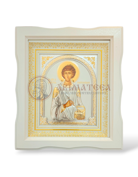 Icoană Ramă Ondulată Lemn (alb) - Sf. Pantelimon