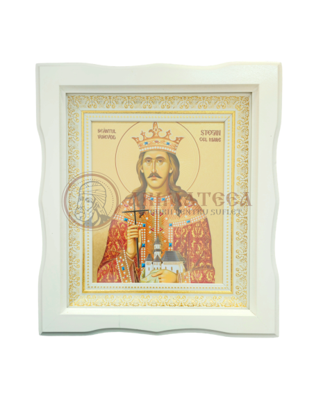 Icoană Ramă Ondulată Lemn (alb) -Sf. Voievod Ștefan cel Mare