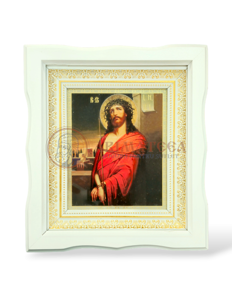 Icoană Ramă Ondulată Lemn (alb) - Iisus Hristos I