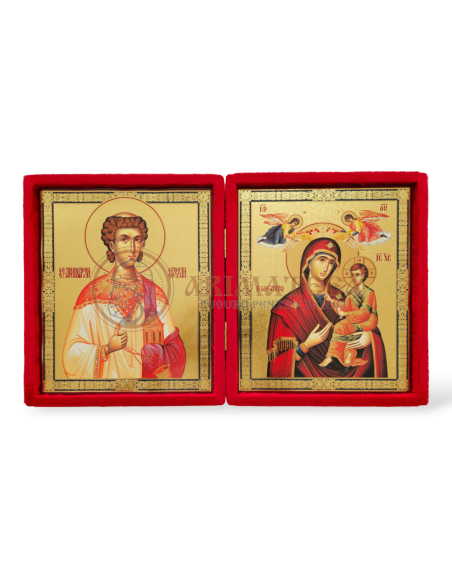 Icoană Diptic Catifea Roșie (955) - Maica Domnului și Sf. Arhid. Ștefan