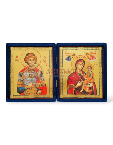 Icoană Diptic Catifea Albastră (955) - Maica Domnului și Sf. M. Mc. Gheorghe