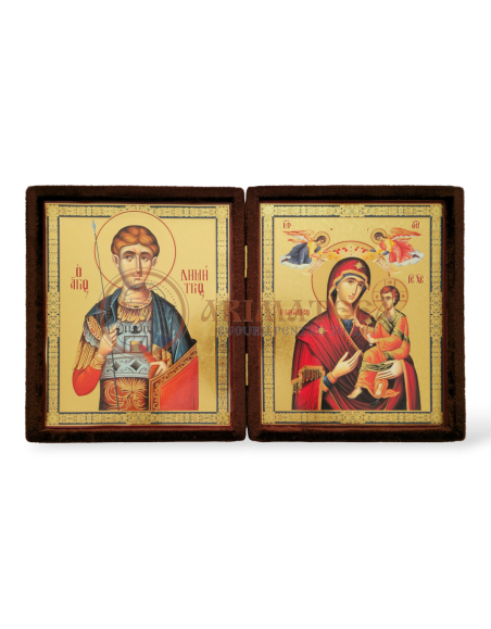 Icoană Diptic Catifea Maro (955) - Maica Domnului și Sf. M. Mc. Dimitrie