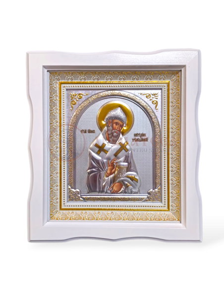 Icoană Ramă Ondulată Lemn (alb) - Sf. Ierarh Spiridon