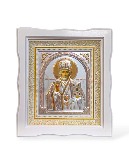 Icoană Ramă Ondulată Lemn (alb) - Sf. Ierarh Nicolae