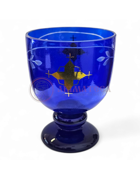 Pahar de Candelă din Sticlă - Albastru. Gravat manual cu model floral și Crucea Bucovinei