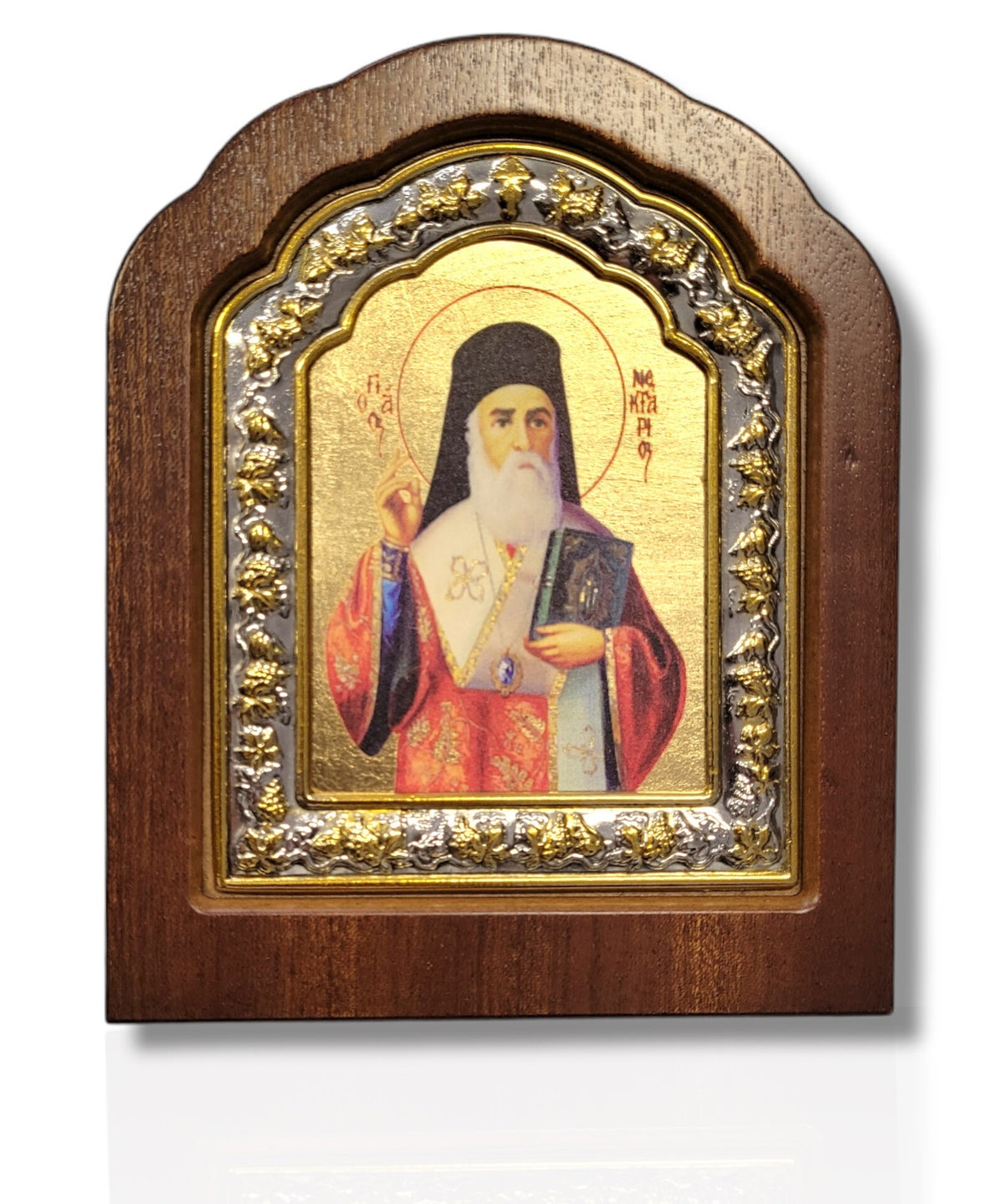 Icoană lemn ovală cu fond aurit - Sf. Nectarie din Eghina