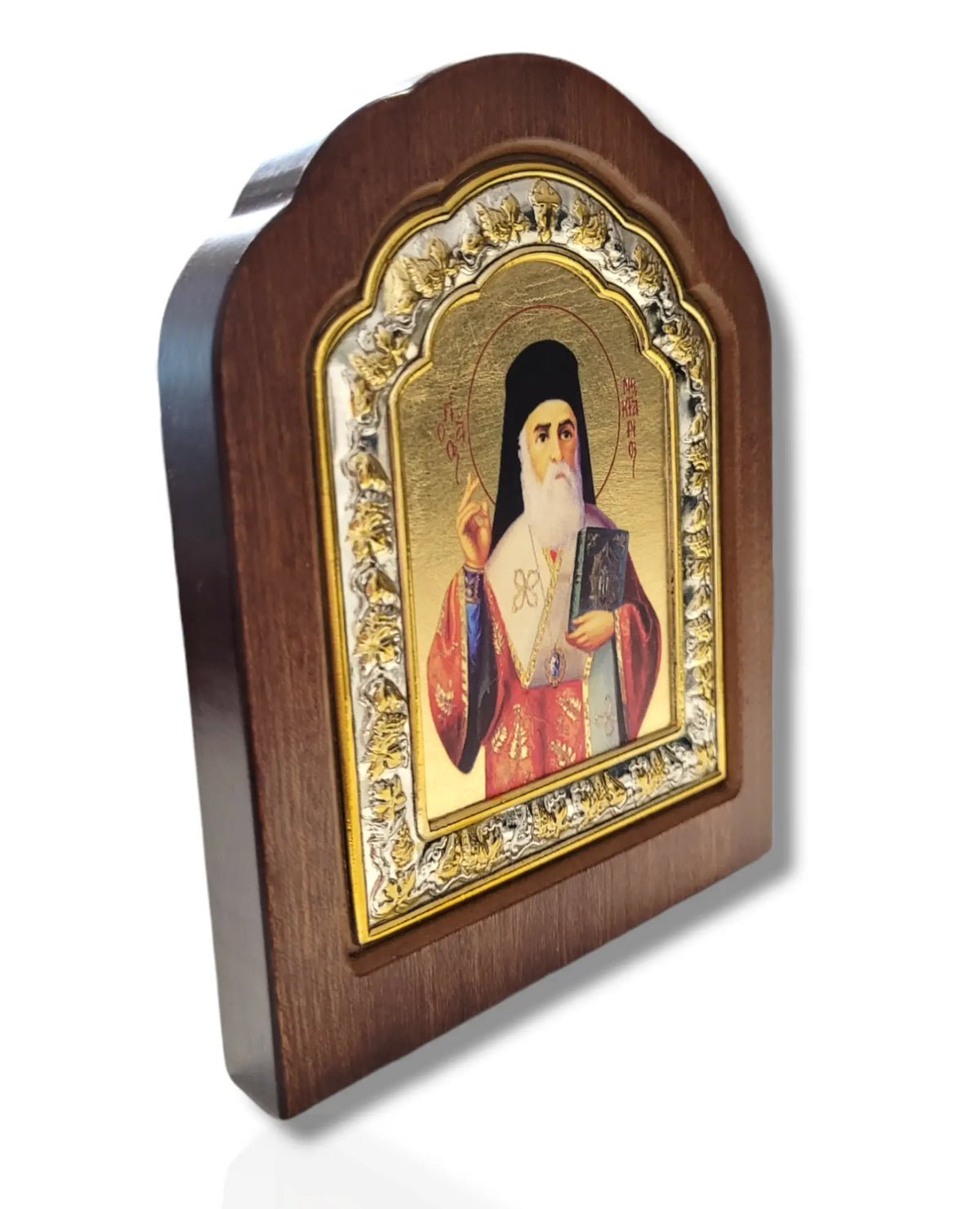 Icoană lemn ovală cu fond aurit - Sf. Nectarie din Eghina