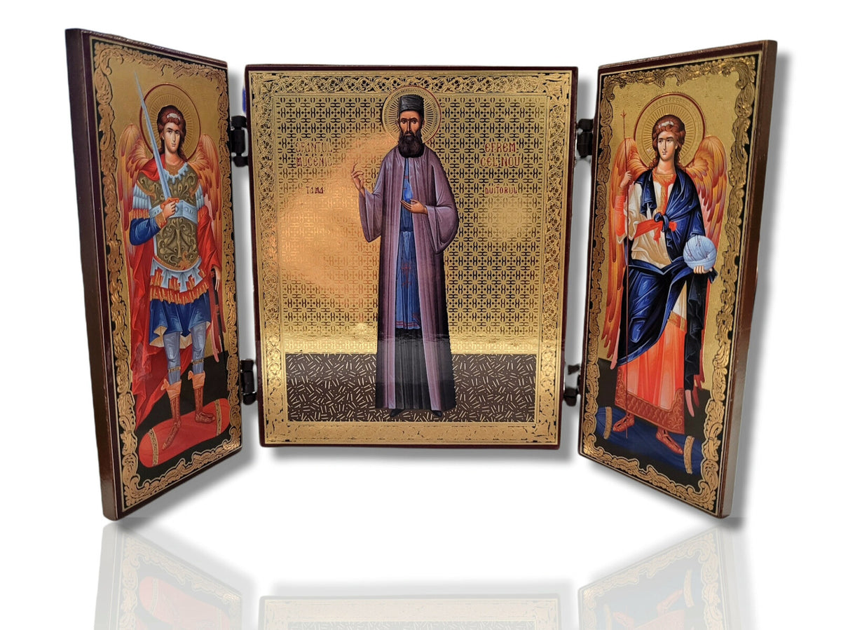 Triptic MDF 11x13 - Sf. Efrem cel Nou - Sf. Arhangheli