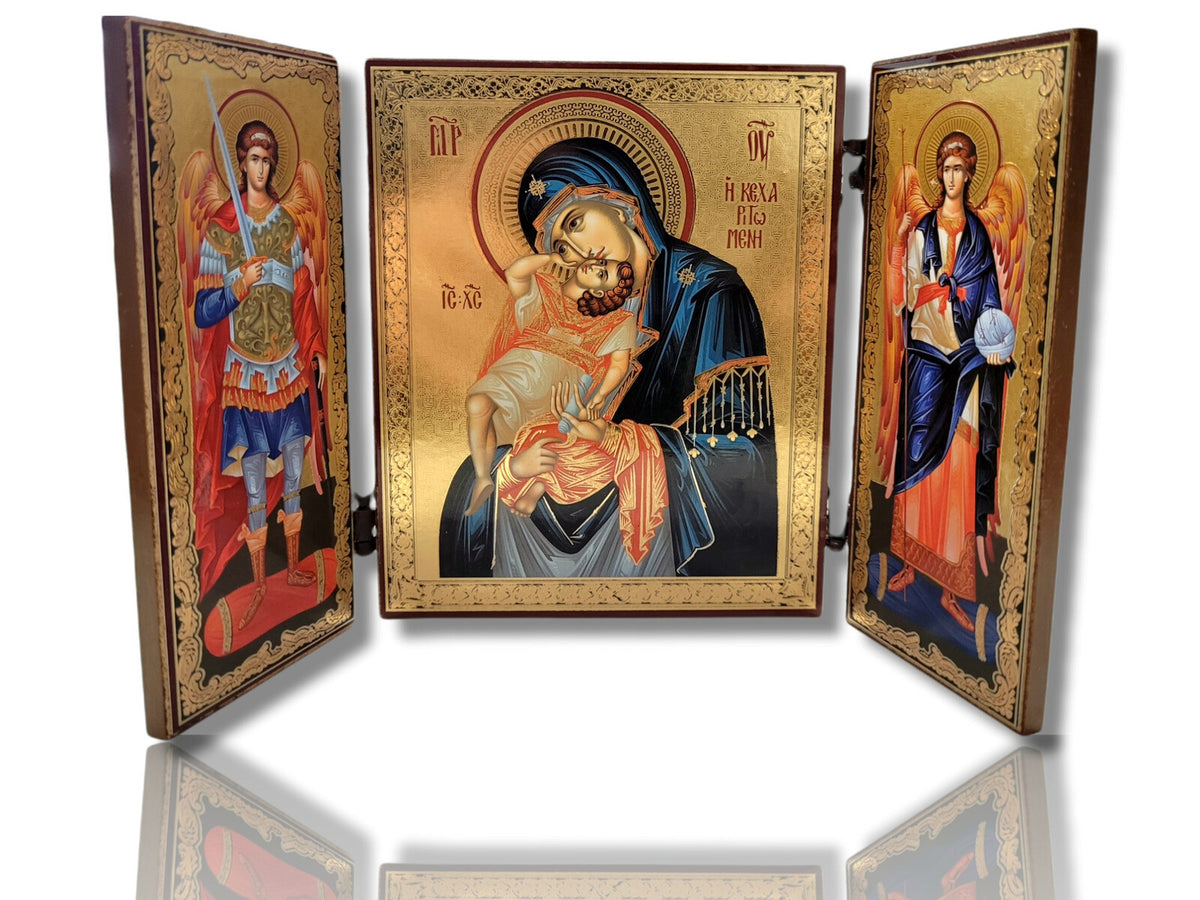 Triptic MDF 11x13 - Maica Domnului cu Pruncul - Sf. Arhangheli