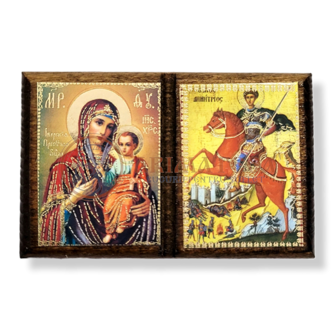 Icoană Diptic Magnet N258 - Maica Domnului, Sf. M. Mc. Dimitrie