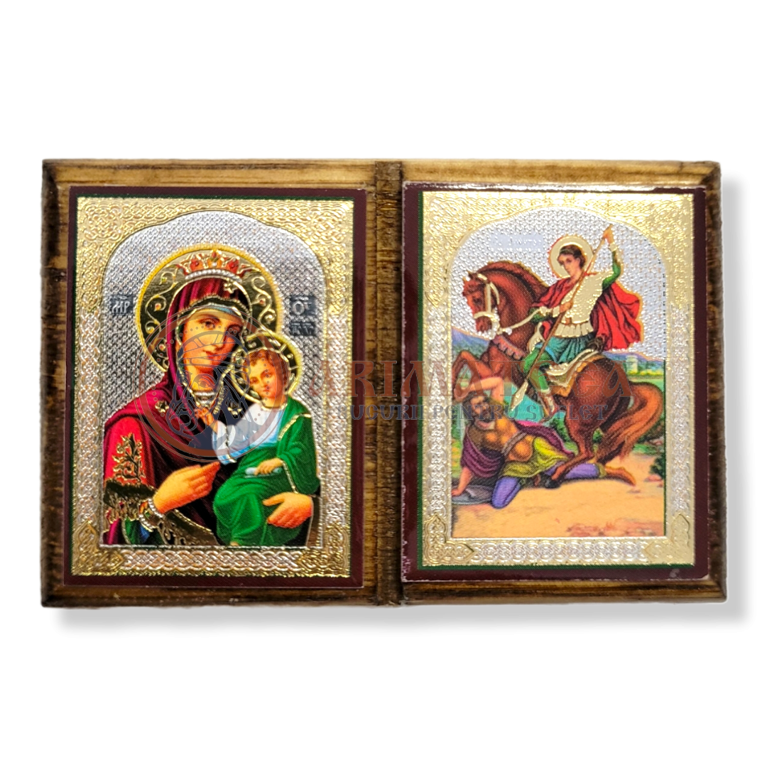 Icoană Diptic Magnet N258 - Maica Domnului, Sf. M. Mc. Dimitrie