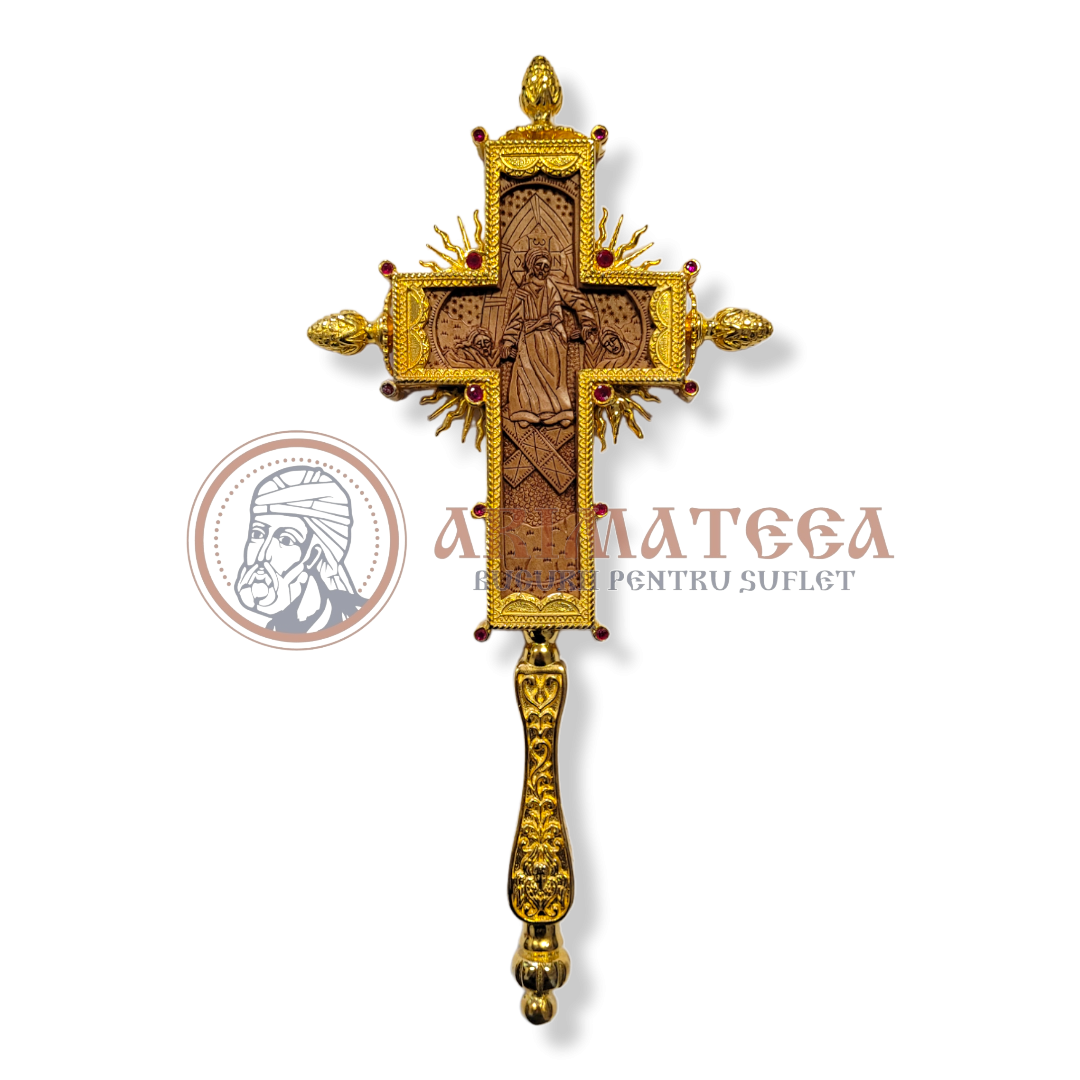 Cruce de Binecuvântare, Sculptată manual - Aurită cu pietre roșii (13729)