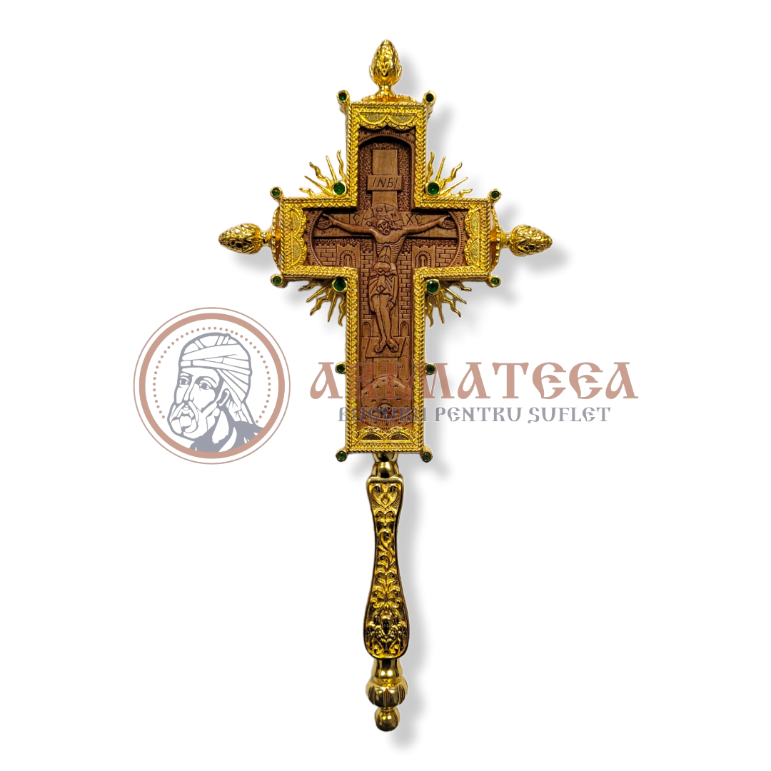 Cruce de Binecuvântare, Sculptată manual - Aurită cu pietre verzi (13729)