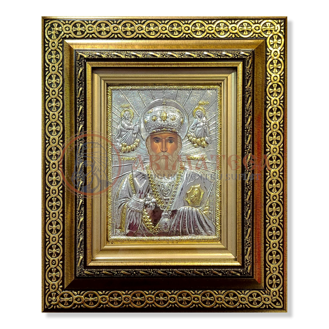 Icoană Argintată în Ramă Aurie - Sf. Nicolae (5570)