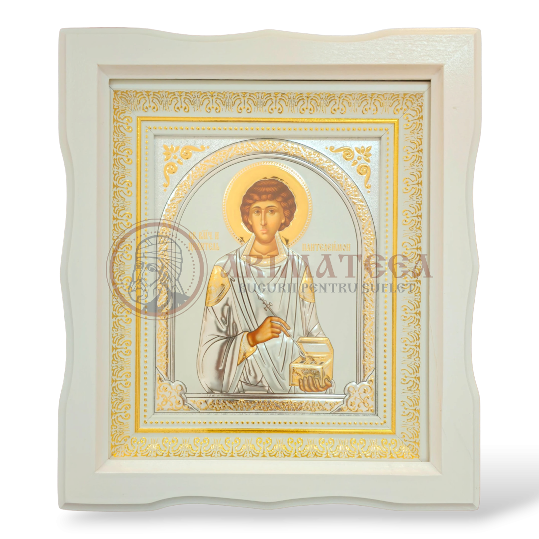 Icoană Ramă Ondulată Lemn (alb) - Sf. Pantelimon