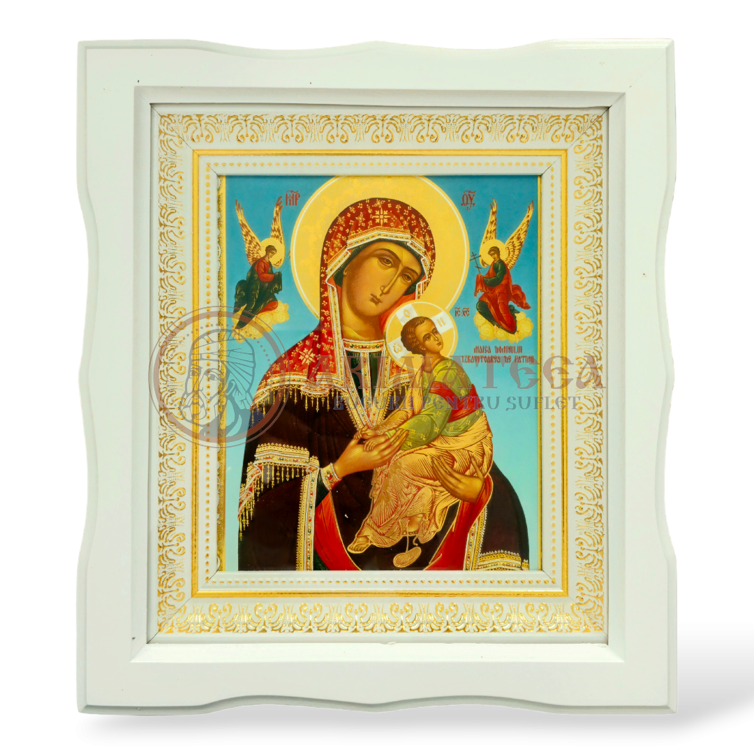 Icoană Ramă Ondulată Lemn (alb) - Maica Domnului Izbăvitoarea de patimi