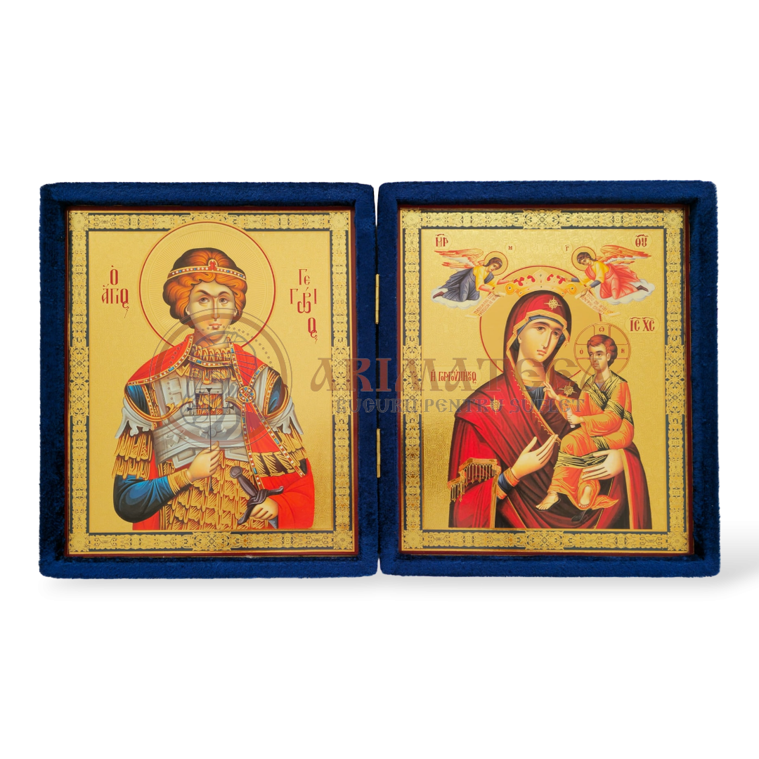 Icoană Diptic Catifea Albastră (955) - Maica Domnului și Sf. M. Mc. Gheorghe