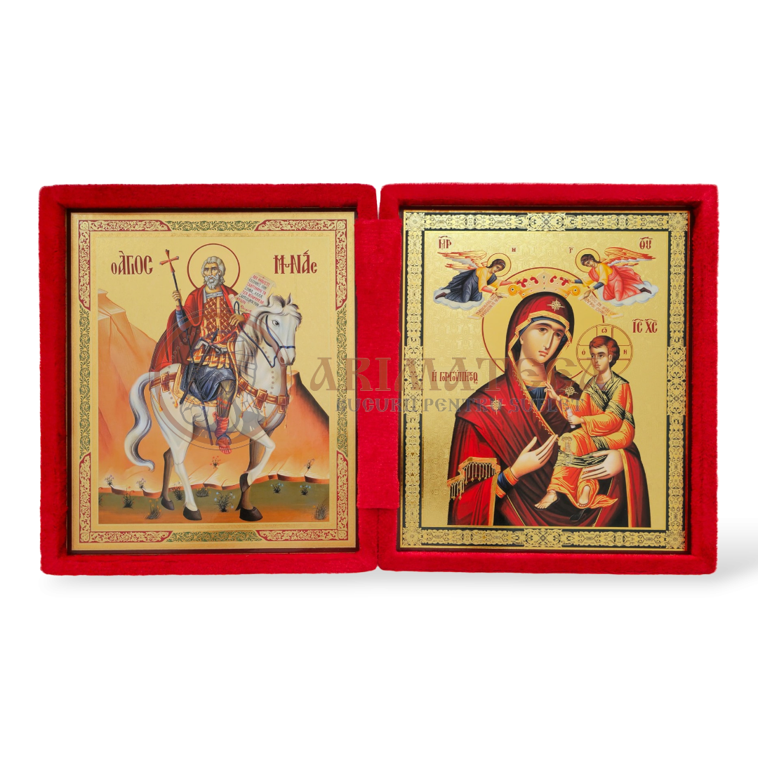 Icoană Diptic Catifea Roșie (955) - Maica Domnului și Sf. Mc. Mina