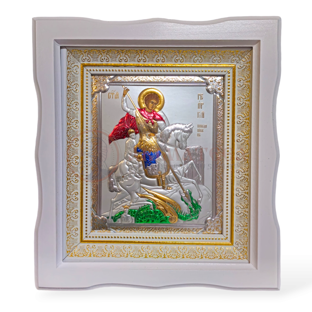 Icoană Ramă Ondulată Lemn (alb) - Sf. M. Mc. Gheorghe