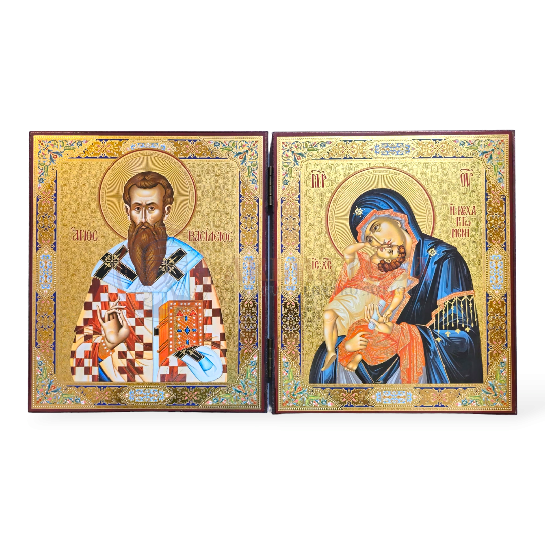Diptic MDF 18x24 - Sf. Ierarh Vasile cel Mare și Maica Domnului