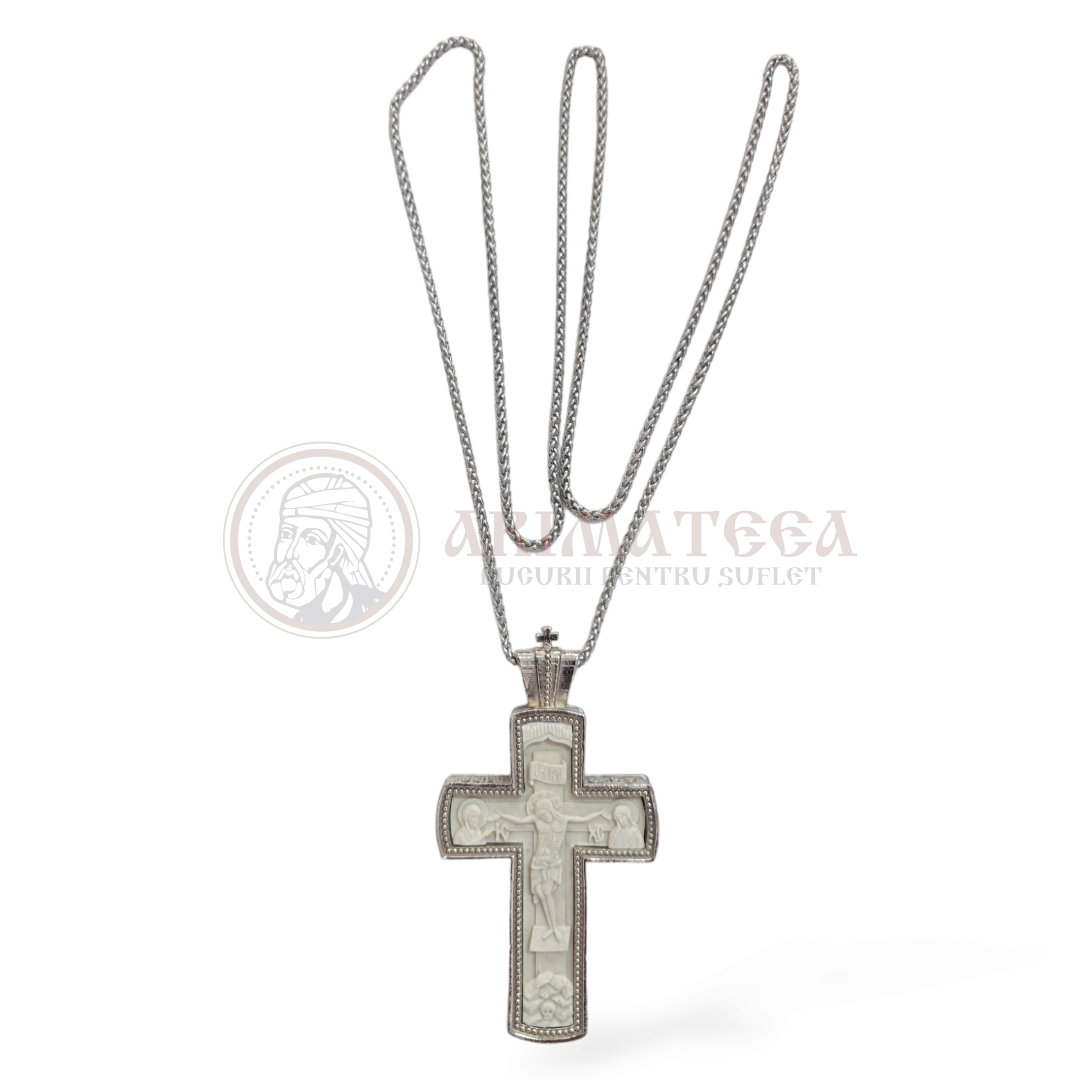 Cruce Pectorală Sculptată Sidef II - Argintată  (de dimensiuni mici)