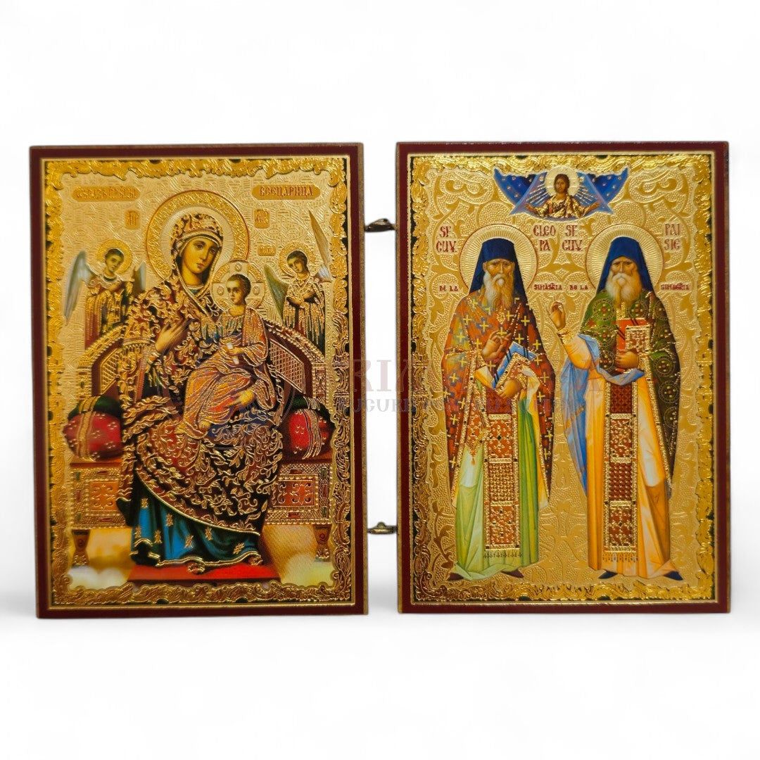 Diptic MDF  6x9 cm - Sf. Cuv. Cleopa și Paisie, Maica Domnului