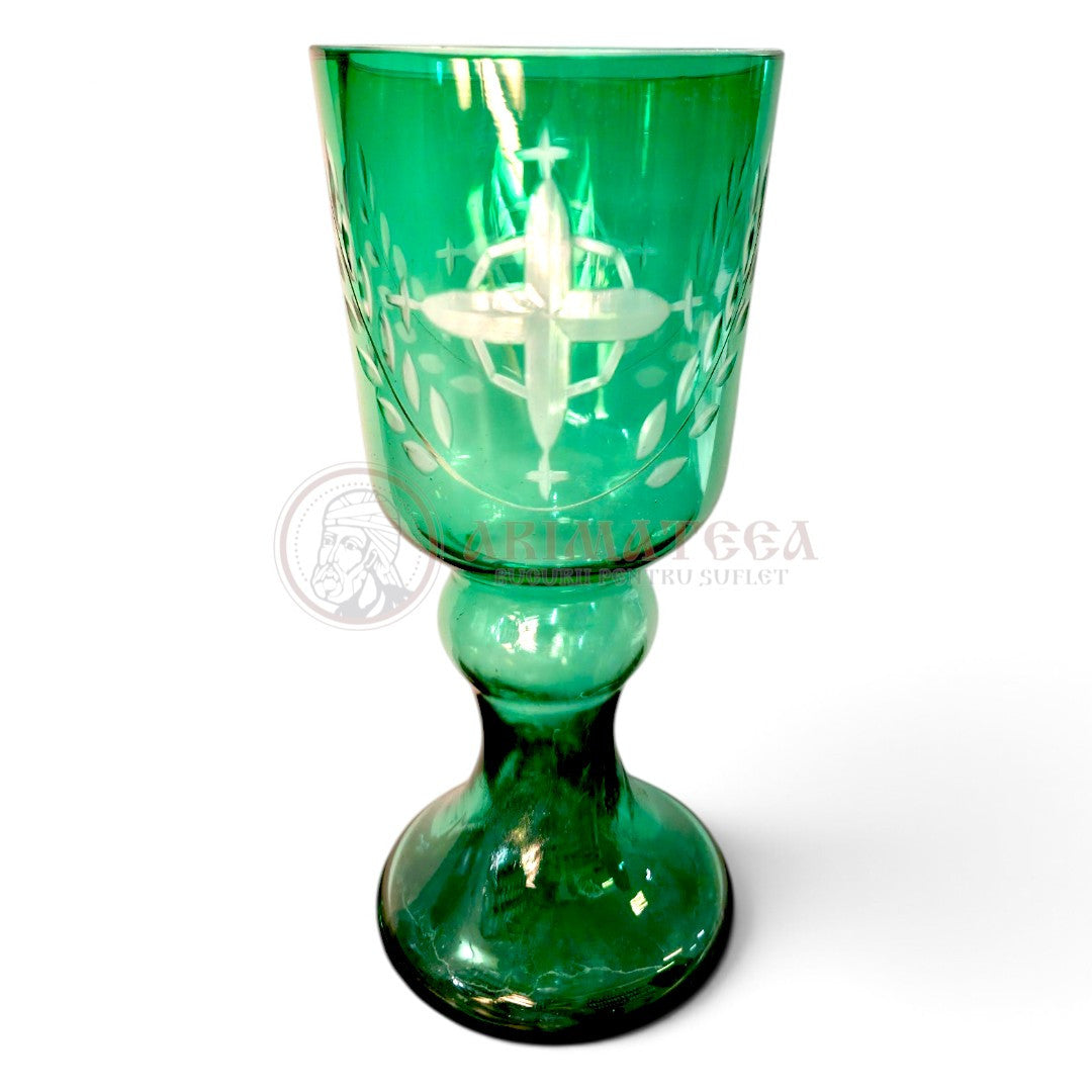 Pahar de Candelă din Sticlă - Verde (gravat manual cu model floral și Crucea Bucovinei)